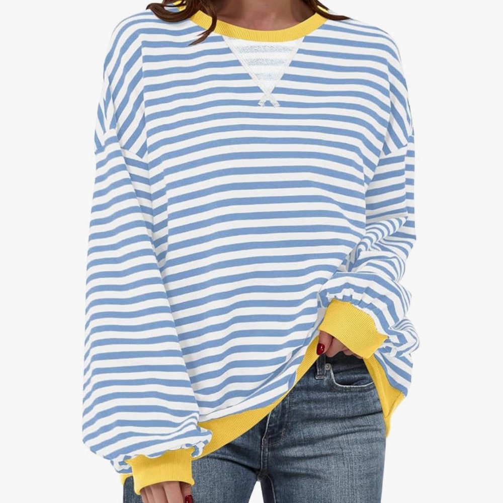 Blue and White Striped Women's Sweatshirt with Yellow Accents